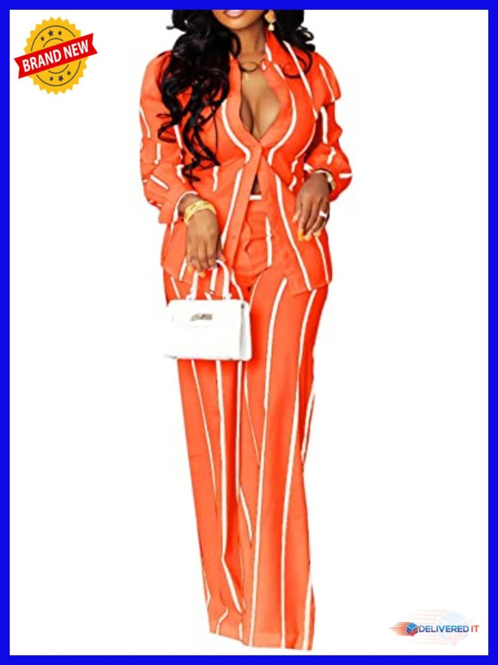 Women's Long Sleeve Button Down Shirt and Wide Leg Pant Set - Two Piece Casual